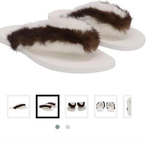 Valentino Garavani White and Brown Mink Flop Flops - NWT